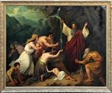 Lot#2003, OLD MASTER OIL ON CANVAS, MOSES DELIVERING WATER FROM THE ROCK, 17TH/18TH C., H 55", W 67",Label from S. Polster Berlin on back; unsigned; framed.