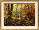 Lot#2005, PACO YOUNG [AMERICAN, 1958-2005], OIL ON CANVAS, H 17" W 23", HUNTING SCENE,Paco Young [American, 1958-2005]. Signed lower right. Depicting hunter and dog in the forest. Framed.