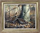 Lot#2009, JIM FOOTE [AMERICAN, 1925-2004], OIL ON BOARD, 1985, H 23", W 29", RUFFED GROUSE,Signed and dated lower right.  Two ruffed grouse in the forest.  Framed.