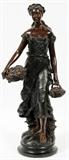 Lot#2026, FRENCH BRONZE SCULPTURE, H 28" W 11 1/2", LADY WITH GRAPE BASKETS,Standing female figure carrying two baskets of grapes. Signed at base, measuring H. 28" x 11 1/2".