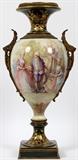 Lot#2027, A. LEFRANC SIGNED SEVRES HAND PAINTED PORCELAIN & BRONZE TALL VASE, H 27" TOTAL, W 13"Hand painted courting scene on recto with verso having a landscape; green with raised fired gold; bronze ormolu; leaf and floral side handles; no bottom mark; no cover.