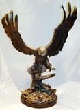 Lot#2028, DUANE SCOTT, BRONZE EAGLE H 48" W 35" "AUTUMN"DUANE SCOTT. Lost wax bronze casting. Mounted on a two tier custom marble base. With certificate. D. 17". #34/299.