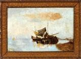 Lot#2123, GUGLIEMO CIARDI [ITALIAN, 1842-1917], OIL ON CANVAS, 1911, H 18" W 27", HARBOR SCENE,Signed and dated 1911 lower left. Depicting harbor scene with figures and horse and wagon; framed.