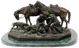 Lot#2150, IEVGUENI LANCERAY, MONUMENTAL BRONZE H 14" L 22" D 15" RUSSIAN COSSACK ENCAMPMENT,Signed in Cyrillic.  On green marble base 27". Complex scene of two horses, two dogs and two Cossacks.