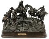 Lot#2151, LANCERAY, BRONZE SCULPTURE H 14" L 18" CROSSING THE BALKANS,Signed. Green marble base is 19". depicting three soldiers and four horses on the top of a hill during the war against the Turks in 1877. This sculpture immortalizes the astonishing achievements of the Russian army crossing Balkan mountains in difficult conditions.