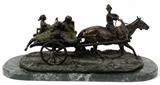 Lot#2152, IEVGUENI LANCERAY, BRONZE SCULPTURE H 11" L 22" RIAZAN PEASANTS,Signed in Cyrillic D 11". Horse pulling cart with three peasants. 'Peasants from the Province of Riazan returning from the Field', variously patinated bronze, 28 x 61 cm. Green marble base measures 26".