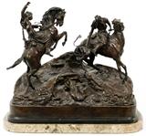 Lot#2155, LANCERAY, BRONZE SCULPTURE H 18" L 19" COSSACKS ON HORSEBACK,W 10". On grey marble base. Length on base 21". Two figures on horseback.
