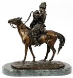 Lot#2156, LANCERAY, BRONZE SCULPTURE H 13.5" L 13" FAREWELL KISS,Signed in cyrillic. Eugene Alexandre Lanceray.  D 5". Cossack on horseback with lover. Green marble base measures 15".