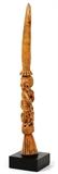 Lot#2163, AFRICAN TRIBAL CARVED IVORY TUSK, L 12 1/4"Depicting an elongated figure with pipe, riding a horse. Having stylized carved detailing to horse and body. Presented on a metal stand.