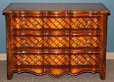 Lot#2177, FRUITWOOD PARQUETRY, LOUIS XV STYLE, THREE DRAWER COMMODE, LATER 20TH C., H 35", W 49", D 23"Checkerboard parquetry; serpentine/scalloped front and apron; heavy foliate brass bail pulls.