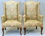Lot#2181, BAKER UPHOLSTERED ARMCHAIRS, PAIR, H 48"Sage green with floral design. Straight back; scroll feet.
