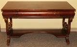 Lot#2182, FEDERAL STYLE MAHOGANY WRITING DESK, H 32", L 56", D 28"Lyre side supports; 20th c.; single drawer and shelf stretcher.