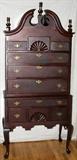 Lot#2189, QUEEN ANNE STYLE MAHOGANY HIGHBOY, H 83", L 38", D 20"Ten drawer highboy having a shell form design on upper and lower central drawers, brass hardware.