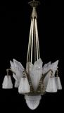 Lot#2246, SCHNEIDER ART DECO BRONZE AND GLASS THIRTEEN-LIGHT CHANDELIER, H 43", DIA 22"Featuring six frosted glass hanging shades, six embellishments and a lower dome.