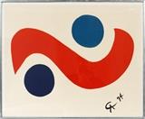 Lot#2270, ALEXANDER CALDER, LITHOGRAPH 1975 H 18" W 23" FLYING COLORS COLLECTION,One lithograph from suite of six. These limited edition lithographs were commissioned by Braniff International Airlines from Alexander Calder. Impressed stamp: "Flying Colors Collection"