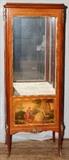 Lot#2319, LOUIS XV VERNIS MARTIN STYLE VITRINE, H 65", W 24", D 14"Painted courting panel at the base, opens to mirrored interior.