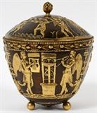 Lot#2327, CALDWELL METAL COVERED JAR WITH CLASSICAL STYLE SCENE, H 7 3/4", DIA 6 1/2"Angels playing instruments; bacchante figures on the cover; unsigned.