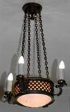 Lot#2337, BIDDLE GAUMER ARTS & CRAFTS IRON SIX-LIGHT CHANDELIER, H 28", DIA 20"Crafted by Biddle-Gaumer Philadelphia.  Having an alabaster lower shade.  -   Good cond.