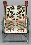 Lot#96, AFRICAN YORUBA BEADED THRONE CHAIR, H 36", W 29", NIGERIA,Fully beaded seat, back, and side flaps. Decorated in animal motif, with masks featured at either post. Measures H. 36" x 29" x 24". Property from the Henry Stallings II Collection, Detroit, MI.