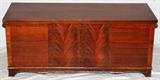 Lot#202, LANE CEDAR CHEST, H 20'' L 46'' D 19''Burl front, hinged lid, contoured front skirt.
