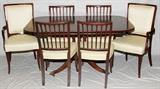 Lot#203, MAHOGANY, DINING ROOM SET, 8 PIECES.One dining table with two leaves, Six chairs four side chairs with slatted back rests and upholstered cushions, two arm chairs with upholstered back rest and seat. China cabinet having a crown molding with gadrooning above a single framed full glass door flanked by fixed glass panels above three center drawers with spiral brass hanging pulls, flanked by two cabinet doors with key latches, all supported by bracket feet..