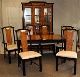 Lot#204, CHINESE STYLE DINING TABLE, CHAIRS, CHINA CABINET & BUFFET - SIDEBOARD, 11 PCS.Including 1 dining table with leaf, H.29 1/2" x 76" x 38", 2 armchairs and 6 side chairs, 1 china cabinet, H.80" x 50" x 16", and 1 Buffet - sideboard, H.32" x 68" x 18".  Made by Singer Furniture.