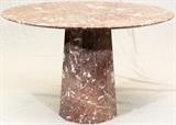 Lot#211, ROUND BURGUNDY VEINED MARBLE TABLE, H 29'', DIA 44''Marble table with faceted and tapered marble pedestal base.