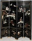 Lot#253, JAPANESE BLACK LACQUER, MOTHER OF PEARL AND HARD STONE FOUR-PANEL SCREEN H 72", L 64"four-panel screen having landscape scenes with male and female figures, birds all in mother-of-pearl and hardstone accents. Verso in gilt with tree branches and birds.