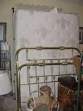 Large brass bed frame, bedding and linens..plus many baskets