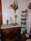 Vintage and new duck decoys-- oil lamp-- doll lamp- washstand needs TLC