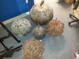 beautiful set of three metal pumpkins and two grape vine pumpkins