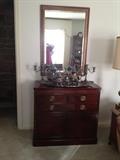 duncan phyfe server beveled mirror above and Towle silver service, candelabra