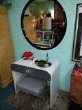 1970's Lucite/formica and brushed steel vanity with matching lucite stool. Pop art mirror