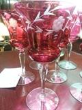 Czech Red etched wine glasses, large and small set