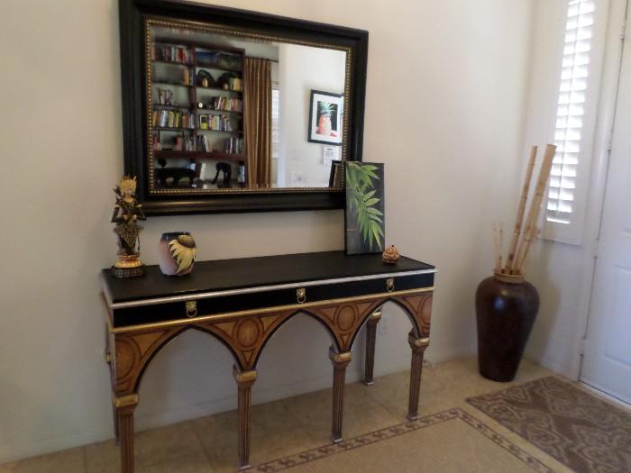 Inlaid entry table, mirror & decor items