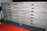 Weathered Grey Chest of drawers. Top drawers are shallow, then the bottom 3 on each side have two handles per drawer. Can be used many ways including as a buffet with the grey pedestal table.