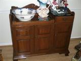 CHERRY WASH STAND, IRON DOOR STOPS, WASHBOWL AND PITCHER