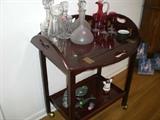 TEA CART, ALASKAN BRIC-A-BRAC, CAMPHOR GLASS, LEADED GLASS DECANTERS