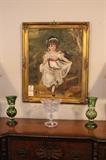 Oil of Canvas by Aloha Buffington after Sir Thomas Lawrence, Crystal vases