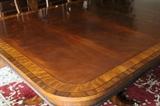 Henredon double pedestal dining table with banded satin inlay top (up to 12.5 ft with leaves)