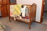 Vintage maple baby crib, hand made quilts