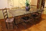 Custom built solid oak farm table with wrought iron base