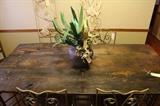 Custom built solid oak farm table with wrought iron base