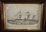 171 - Walnut Victorian shadow box frame with early print of ship, 18 x 14 of Confederate ship Alabama.