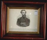 172 - Walnut Victorian shadow box frame with a drawing of General Oliver O. Howard, 14 x 12.