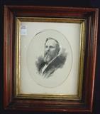 174 - Walnut Victorian shadow box frame with drawing of bearded gentleman, 14 x 16.