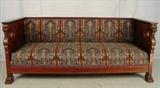 100 - Mahogany griffin library sofa with blue upholstery, 34in. T, 78in. L, 33in. D.