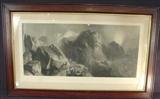 175 - Large steel engraving of deer in mountains, in a rosewood Victorian frame, 31 x 50.