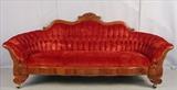 282 - Mahogany empire sofa with carved roses in crown with maroon upholstery, 38in. T, 86in. W, 21in. D.