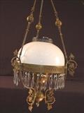 266 - Brass hanging gasolier with white shade and prisms, 37in. T, 13in. Dia.